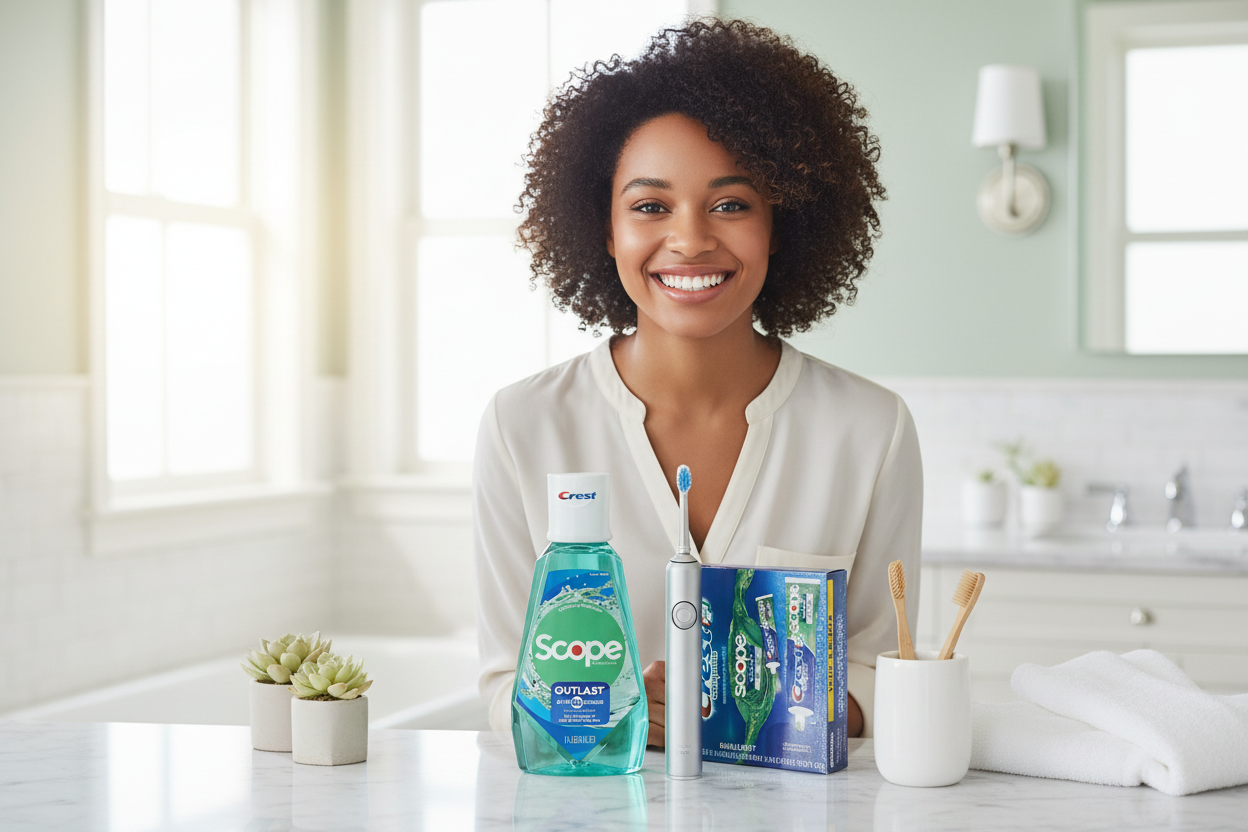 Routine hygiéne bucco-dentaire compléte au Sénégal -- dentifrice et bain de bouche Colgate et Crest chez American Elite Africa