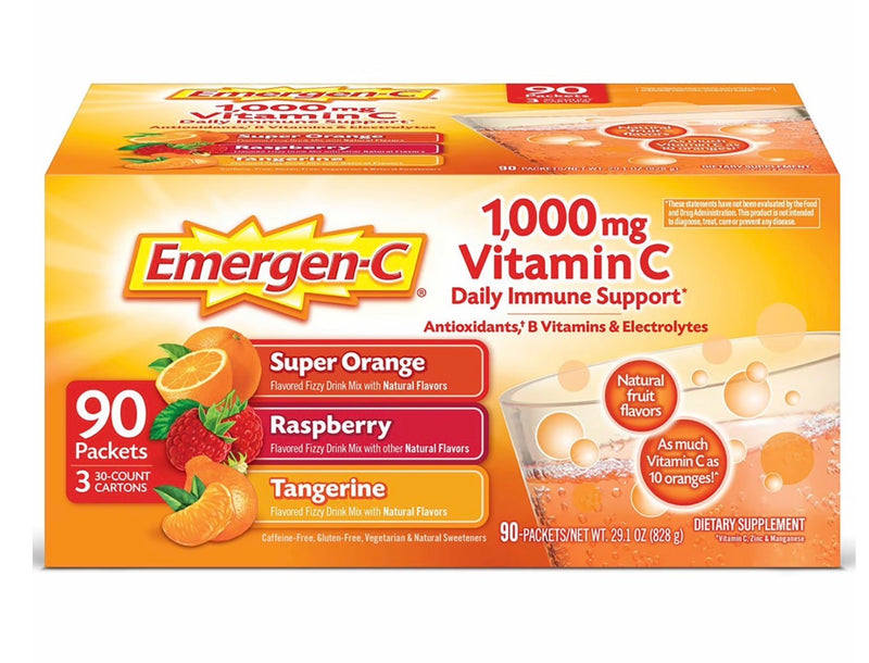 Emergen-C 1000 mg Vitamin C Dietary Supplement – Immune Support & Energy Boost | 30 Packets (Orange & Raspberry)