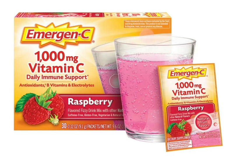 Emergen-C 1000 mg Vitamin C Dietary Supplement – Immune Support & Energy Boost | 30 Packets (Orange & Raspberry)