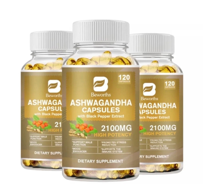 Ashwagandha Capsules 2100 mg Haute Puissance – Réduction du Stress & Énergie Naturelle | 2 Mois de Supply