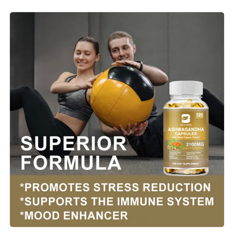 Ashwagandha Capsules 2100 mg Haute Puissance – Réduction du Stress & Énergie Naturelle | 2 Mois de Supply