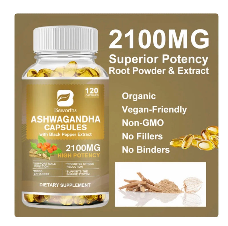 Ashwagandha Capsules 2100 mg Haute Puissance – Réduction du Stress & Énergie Naturelle | 2 Mois de Supply