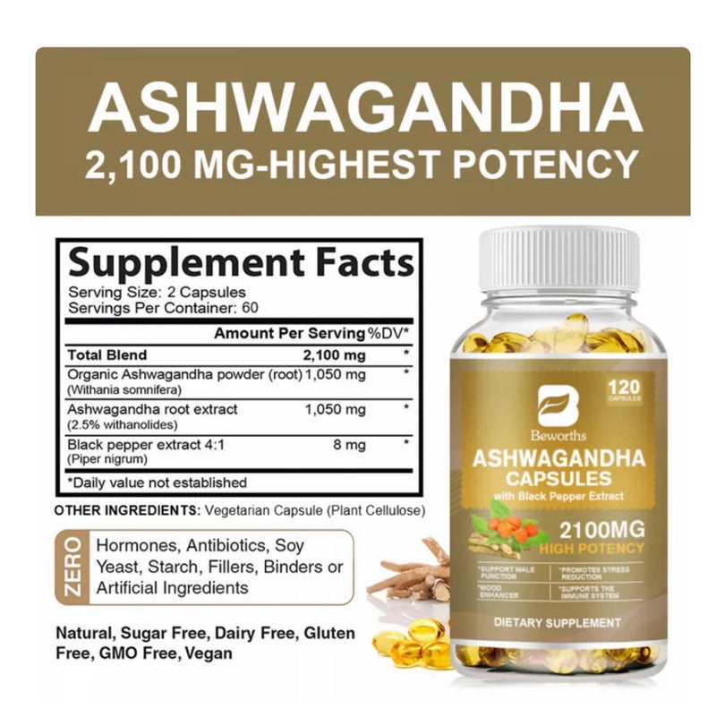 Ashwagandha Capsules 2100 mg Haute Puissance – Réduction du Stress & Énergie Naturelle | 2 Mois de Supply