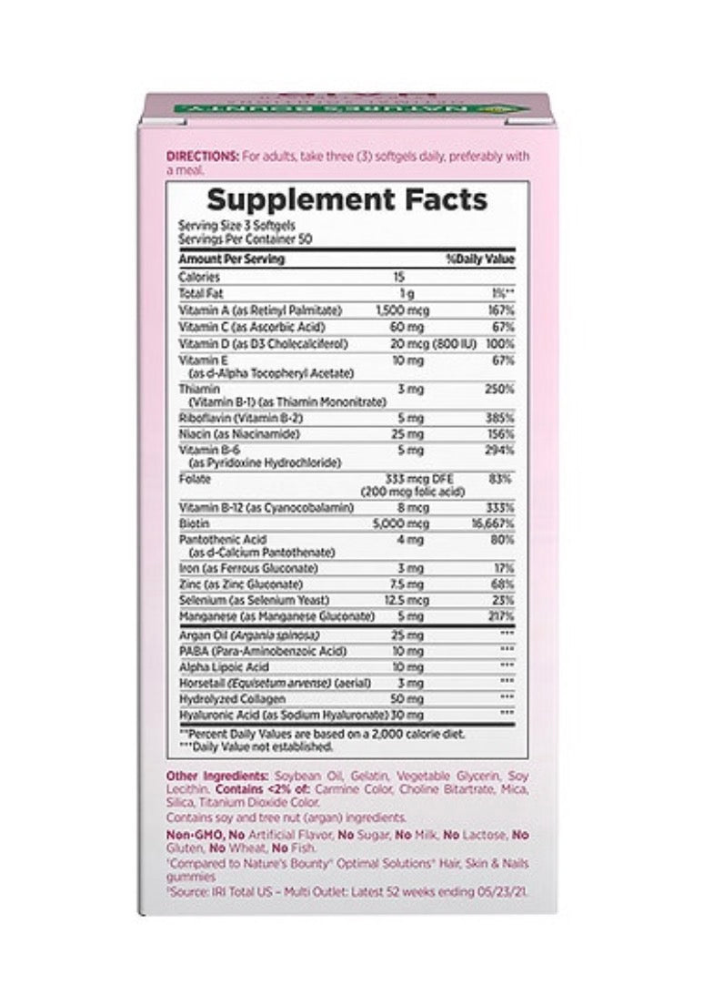 Nature's Bounty Optimal Solutions Extra Strength Hair, Skin & Nails Softgels — 150 ct. | Complément Beauté Américain