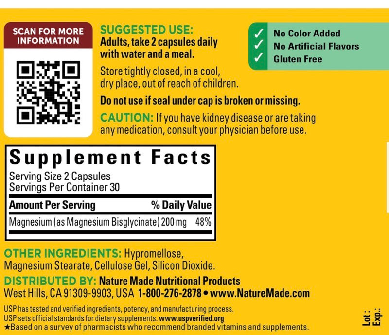 Nature Made Magnésium Glycinate Haute Absorption 200 mg — 60 Capsules | Sommeil, Stress & Muscles | Produit Américain Authentique