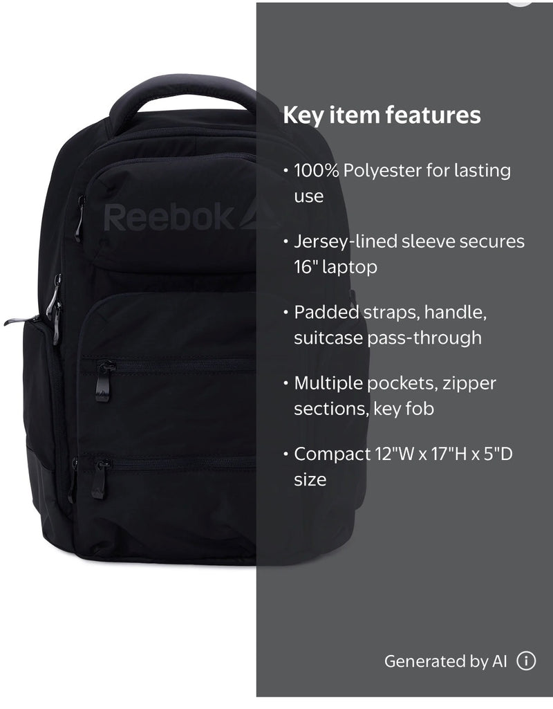 Reebok Sac à Dos Winter 16" Ordinateur Noir — Unisexe | Produit Américain Authentique | Livraison Gratuite à Dakar