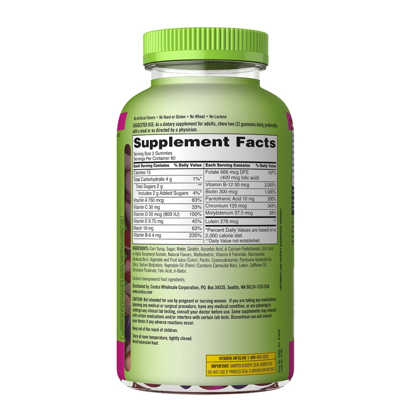 Kirkland Signature Adult Multivitamin Gummies – 160 Gummies | Vitamines A, C, D, B12, Biotine