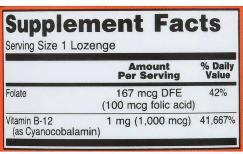 NOW B-12 1 000 mcg avec Acide Folique – 100 Pastilles à Sucer