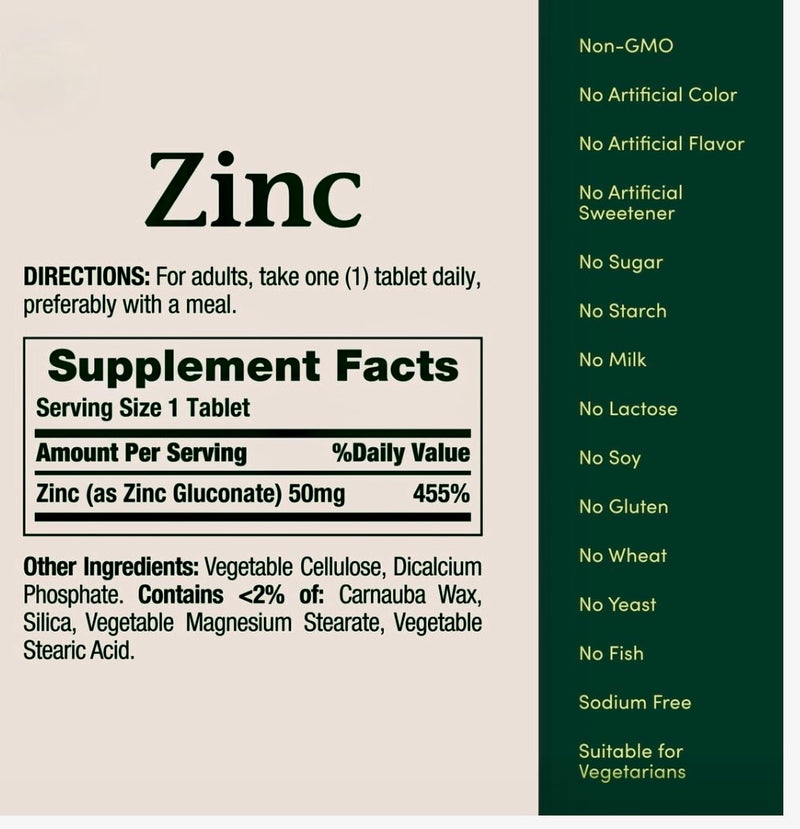 Nature's Bounty Zinc 50 mg – Immunité & Santé | 100 Comprimés | Complément Américain Authentique