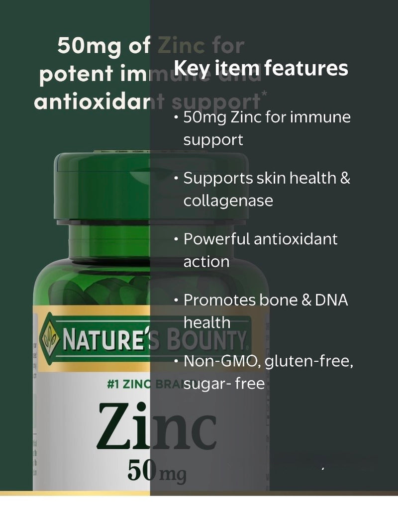 Nature's Bounty Zinc 50 mg – Immunité & Santé | 100 Comprimés | Complément Américain Authentique