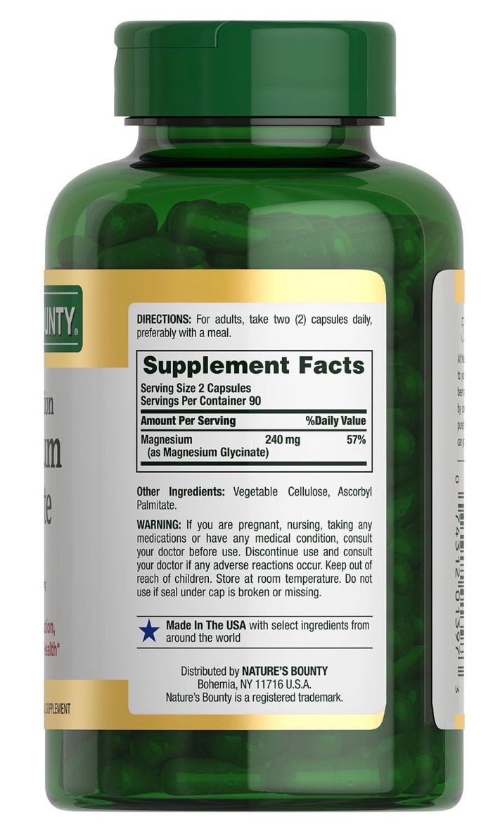 Nature's Bounty Magnésium Glycinate 240 mg — 180 Gélules | Sommeil, Muscles & Nerfs | Produit Américain Authentique | Livraison Gratuite à Dakar